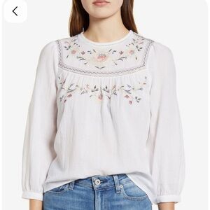 Lucky Brand Embroidered Yoke Cotton Peasant Top